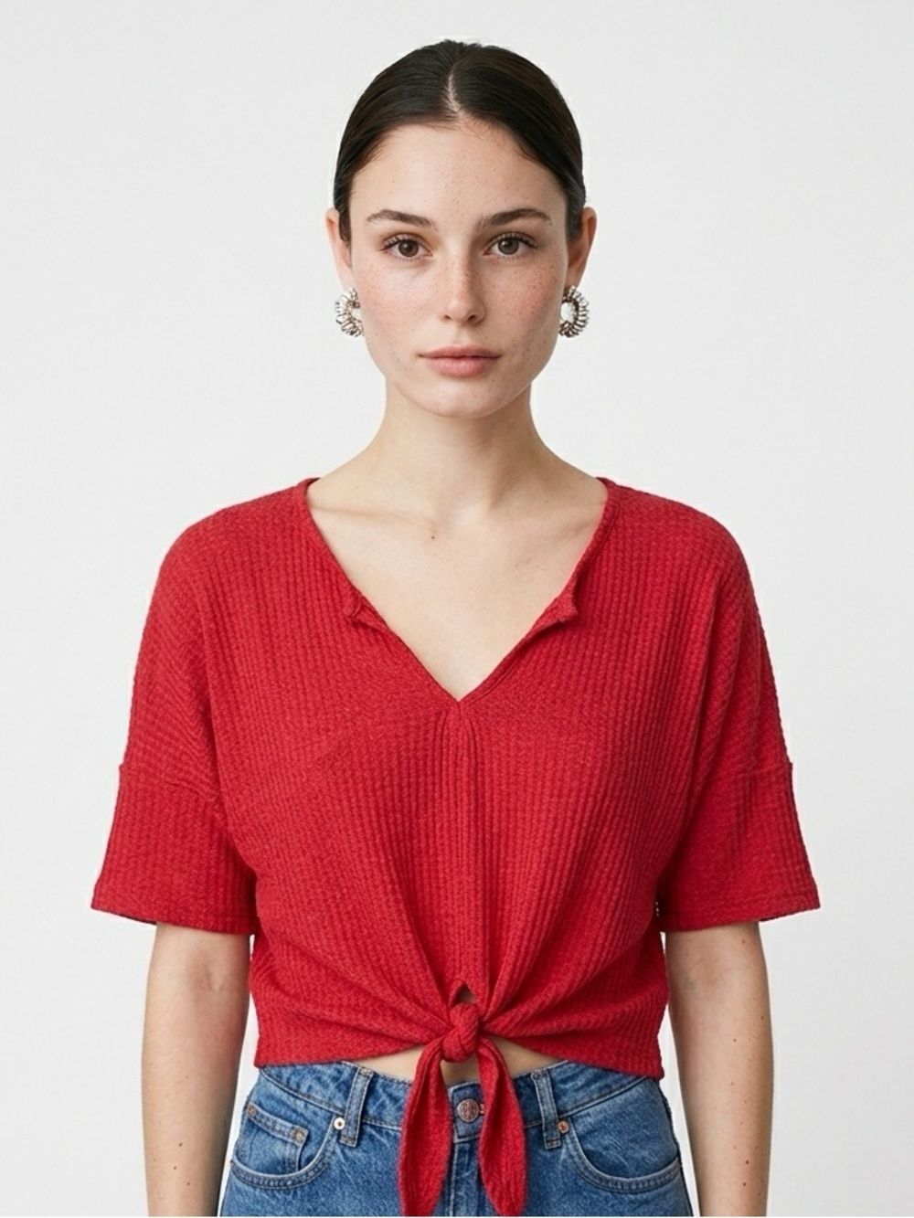 LIVE IN THE MOMENT | Tie Front Waffle Knit Short Sleeve Red Top Women’s Size L